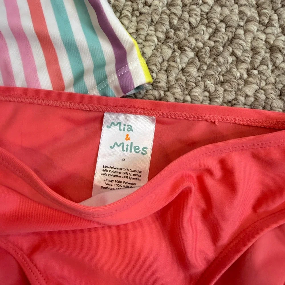 Mia & Miles Girls Rainbow Stripe Tankini Two Piece Swimsuit‎ Coral Pink Size 6
